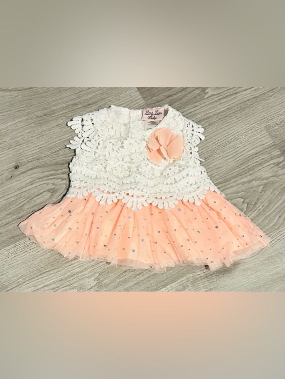 ⭐️ Little Lass White Lace Top Peach Tulle Dress with Sparkle 6-9M